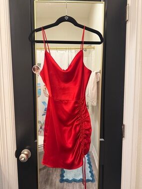 Zara Red Satin Cowl Neck Ruched Mini Dress